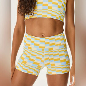 NWT Outdoor Voices TechSweat 3.5'’ Checkered Bike Shorts in Blue/Yellow Size XS
